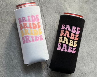 Bride and Babe Retro Bachelorette Party Slim Seltzer Can Coolers