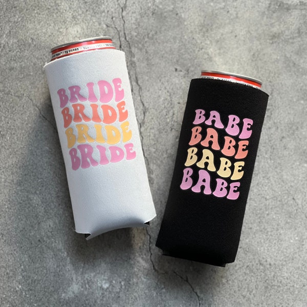 Bride and Babe Retro Bachelorette Party Slim Seltzer Can Coolers
