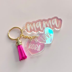 Custom Iridescent Acrylic Mom Keychain Diaper Bag Charm with Kids' Names and Tassel