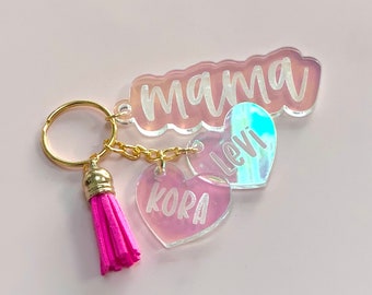 Custom Iridescent Acrylic Mom Keychain Diaper Bag Charm with Kids' Names and Tassel