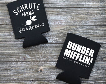 Schrute Farms or Dunder Mifflin Beer Can Coolers