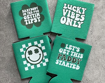 St. Patrick's Day Retro Party Favor Can Coolers Lucky Vibes Only In the Pub Gettin Tipsy Let’s Get this Paddy Started