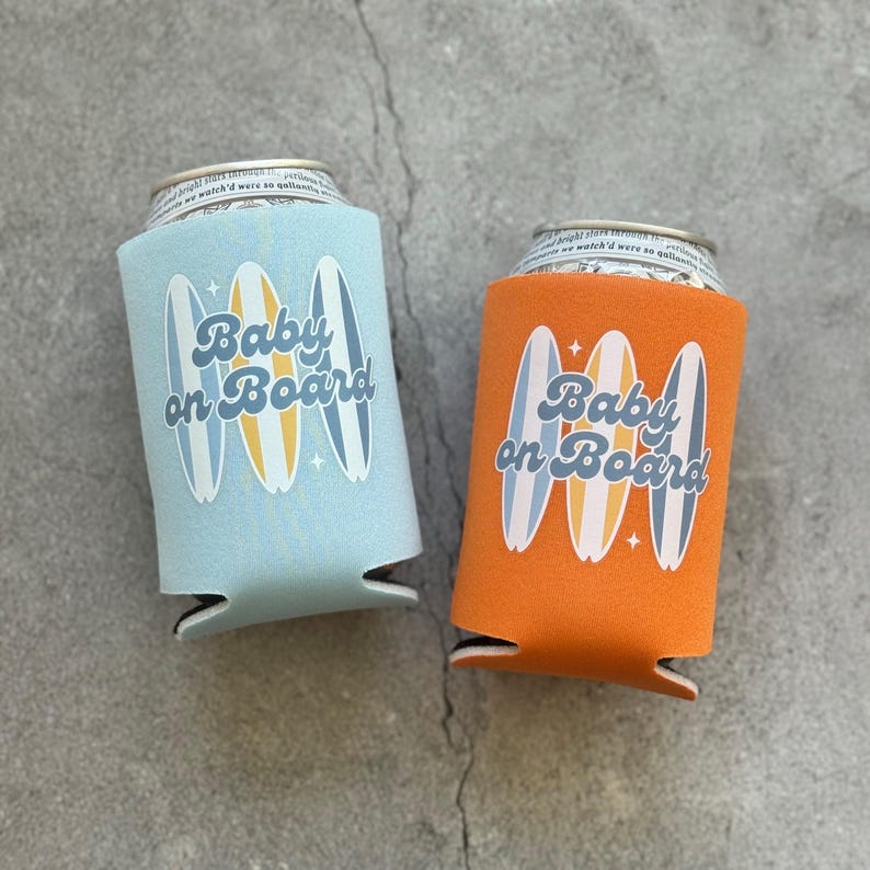 Baby on Board Retro Surfboard Baby Boy Baby Shower Can Coolers