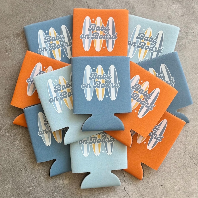 Baby on Board Retro Surfboard Baby Boy Baby Shower Can Coolers
