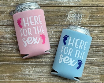 Here for the Sex Gender Reveal Baby Shower Can Coolers in Pink & Blue
