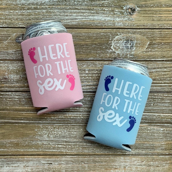 Here for the Sex Gender Reveal Baby Shower Can Coolers in Pink & Blue