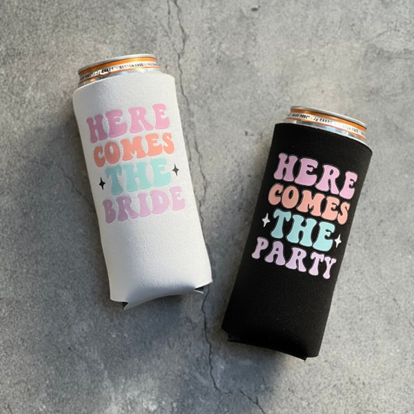 Here Comes the Bride Here Comes the Party Retro Bachelorette Party Slim Seltzer Can Coolers