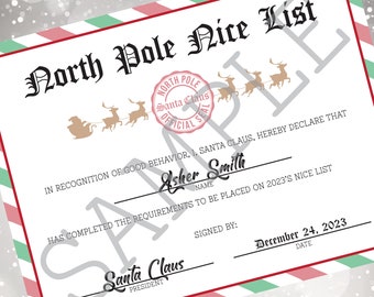 Custom North Pole Nice List Certificate Printable Digital File Download Christmas Personalized 2023