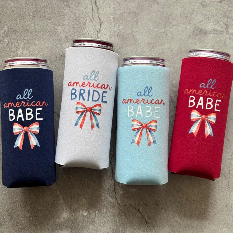 All American Bride All American Babe Bow Bachelorette Party Slim Can Coolers 4th of July Mix All 3 w/ 1 White