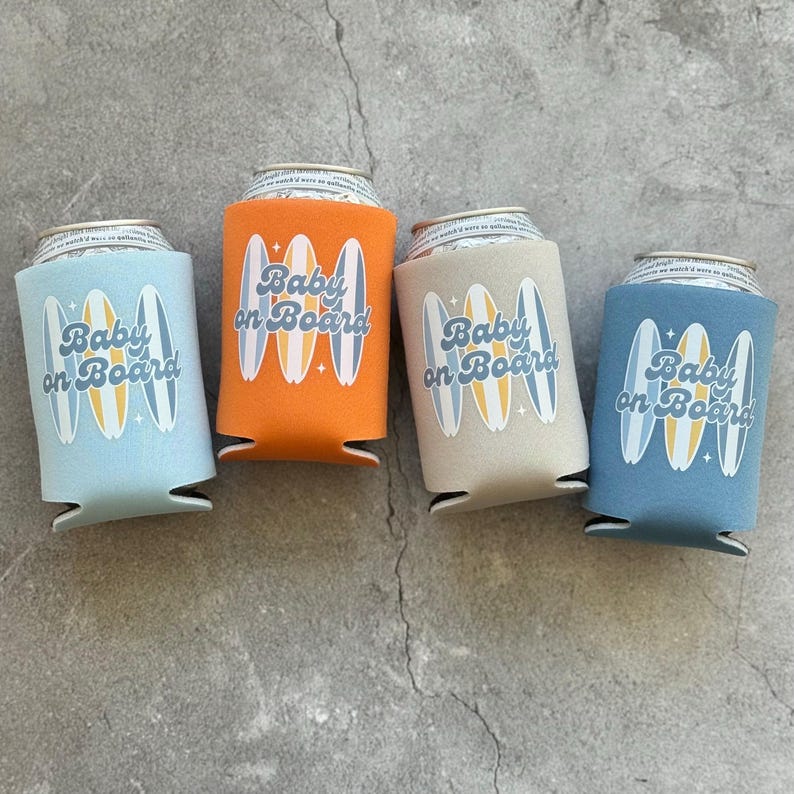 Baby on Board Retro Surfboard Baby Boy Baby Shower Can Coolers