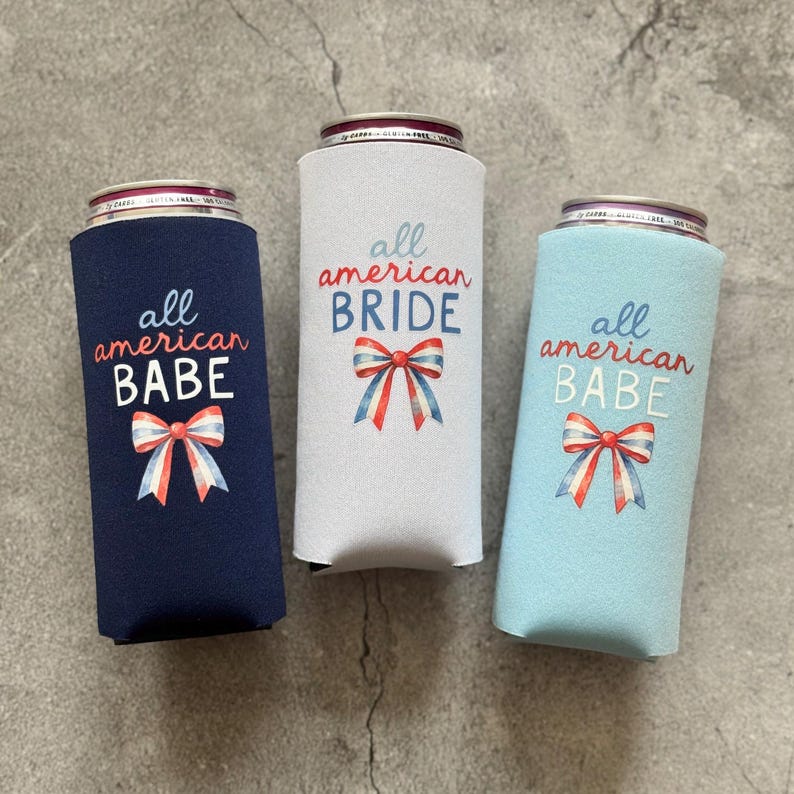 All American Bride All American Babe Bow Bachelorette Party Slim Can Coolers 4th of July Blues w/ 1 Wht