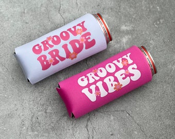 Groovy Bride and Groovy Vibes Retro Bachelorette Slim Seltzer Can Coolers