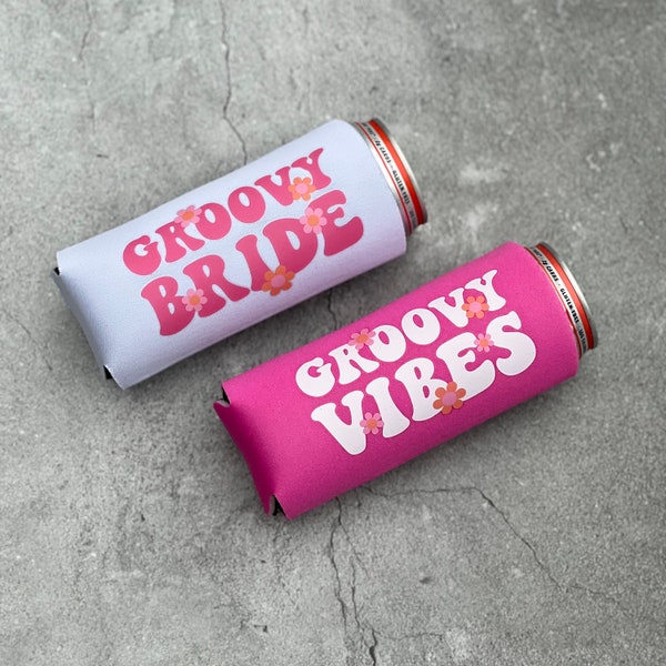 Groovy Bride and Groovy Vibes Retro Bachelorette Slim Seltzer Can Coolers