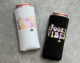 Spooky Bride and Spooky Vibes Halloween Bachelorette Slim Seltzer Can Coolers