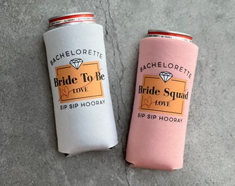 Sip Sip Hooray Bride to Be and Bride Squad Bachelorette Party Slim Seltzer Can Coolers