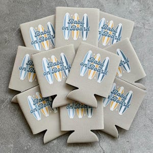Baby on Board Retro Surfboard Baby Boy Baby Shower Can Coolers