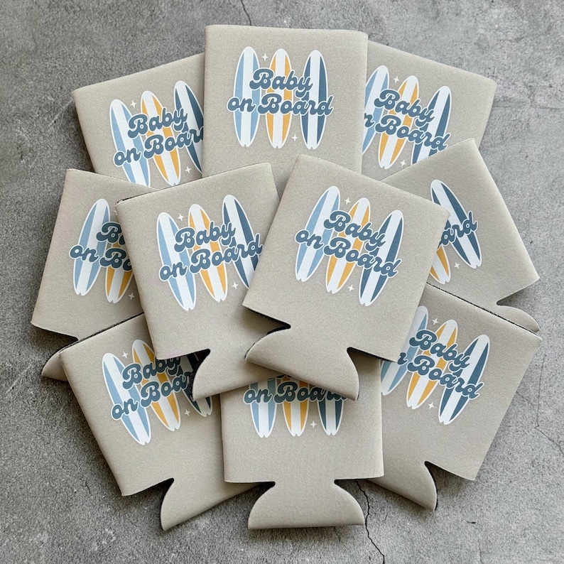 Baby on Board Retro Surfboard Baby Boy Baby Shower Can Coolers
