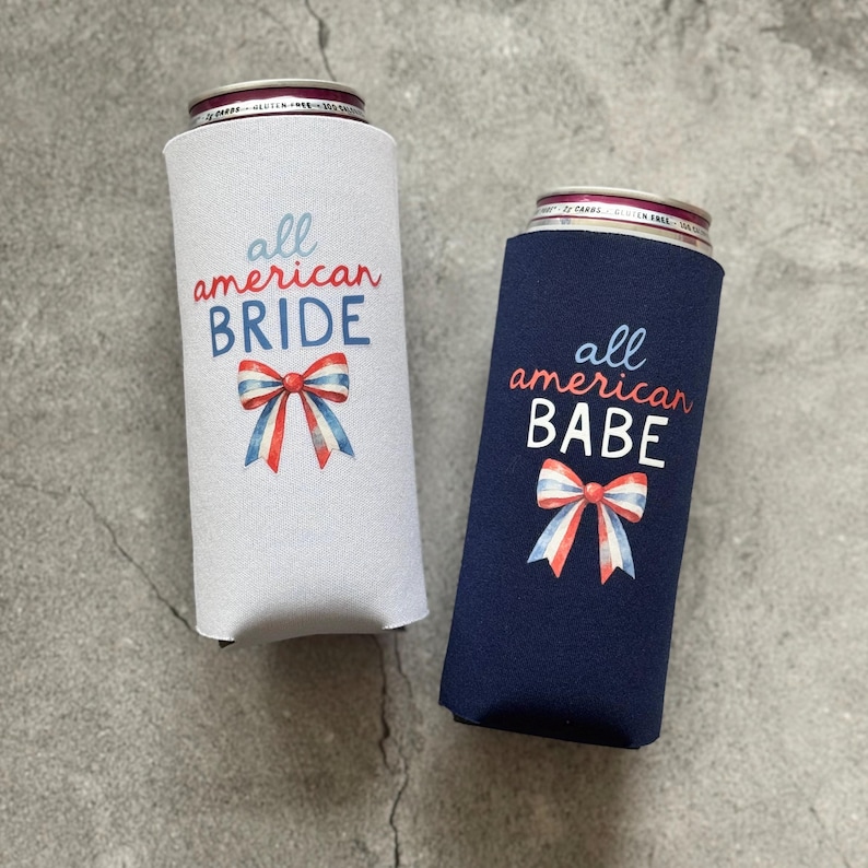 All American Bride All American Babe Bow Bachelorette Party Slim Can Coolers 4th of July Navy w/ 1 White