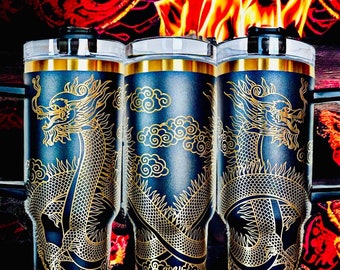 40oz Laser Engraved Year Of The Dragon Tumbler With Handle, Lid, & Straw