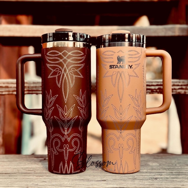 Western Leather Tooled Boot Pattern Laser Engraved Stanley Tumbler