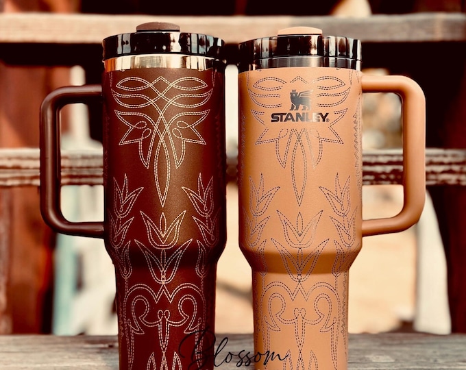 Western Leather Tooled Boot Pattern Laser Engraved Stanley Tumbler