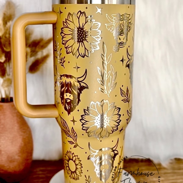 40oz Laser Engraved Highland Cow, Sunflower Tumbler With Handle, Lid, & Straw