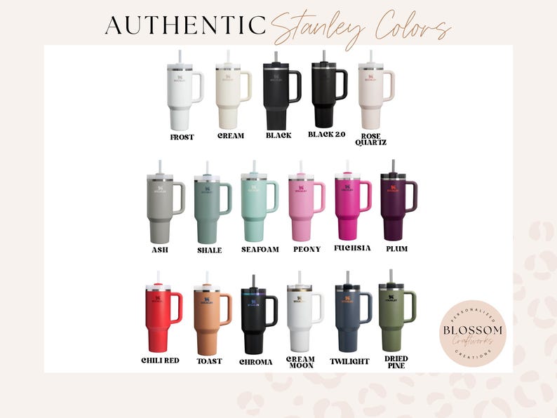 May include: A collection of seventeen insulated tumblers with handles and straws, arranged in three rows. Colors include Frost, Cream, Black, Black 2.0, Rose Quartz, Ash, Shale, Seafoam, Peony, Fuchsia, Plum, Chili Red, Toast, Chroma, Cream Moon, Twilight, and Dried Pine.