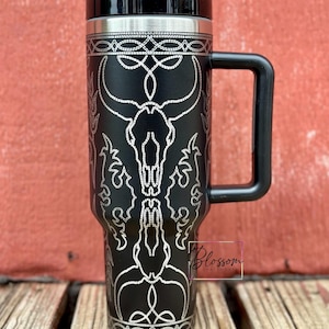 Laser Engraved Stiched Longhorn Boot Pattern Western Tumbler