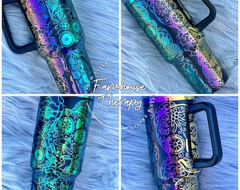 40oz Laser Engraved Sugar Skulls, Day of the Dead, Día de los Muertos Tumbler