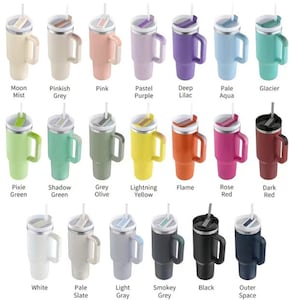 May include: A variety of 20 oz stainless steel tumblers with different colored lids and handles. The tumblers are arranged in three rows of seven. The colors include: Moon Mist, Pinkish Grey, Pink, Pastel Purple, Deep Lilac, Pale Aqua, Glacier, Pixie Green, Shadow Green, Grey Olive, Lightning Yellow, Flame, Rose Red, Dark Red, White, Pale Slate, Light Gray, Smokey Grey, Black, and Outer Space.