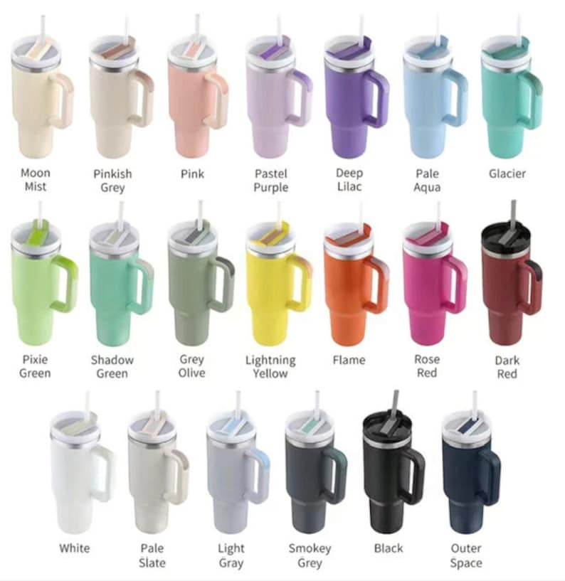 May include: A variety of 20 oz stainless steel tumblers with different colored lids and handles. The tumblers are arranged in three rows of seven. The colors include: Moon Mist, Pinkish Grey, Pink, Pastel Purple, Deep Lilac, Pale Aqua, Glacier, Pixie Green, Shadow Green, Grey Olive, Lightning Yellow, Flame, Rose Red, Dark Red, White, Pale Slate, Light Gray, Smokey Grey, Black, and Outer Space.