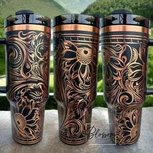 40oz Laser Engraved Floral Tooled Leather Western Tumbler With Handle, Lid, & Straw
