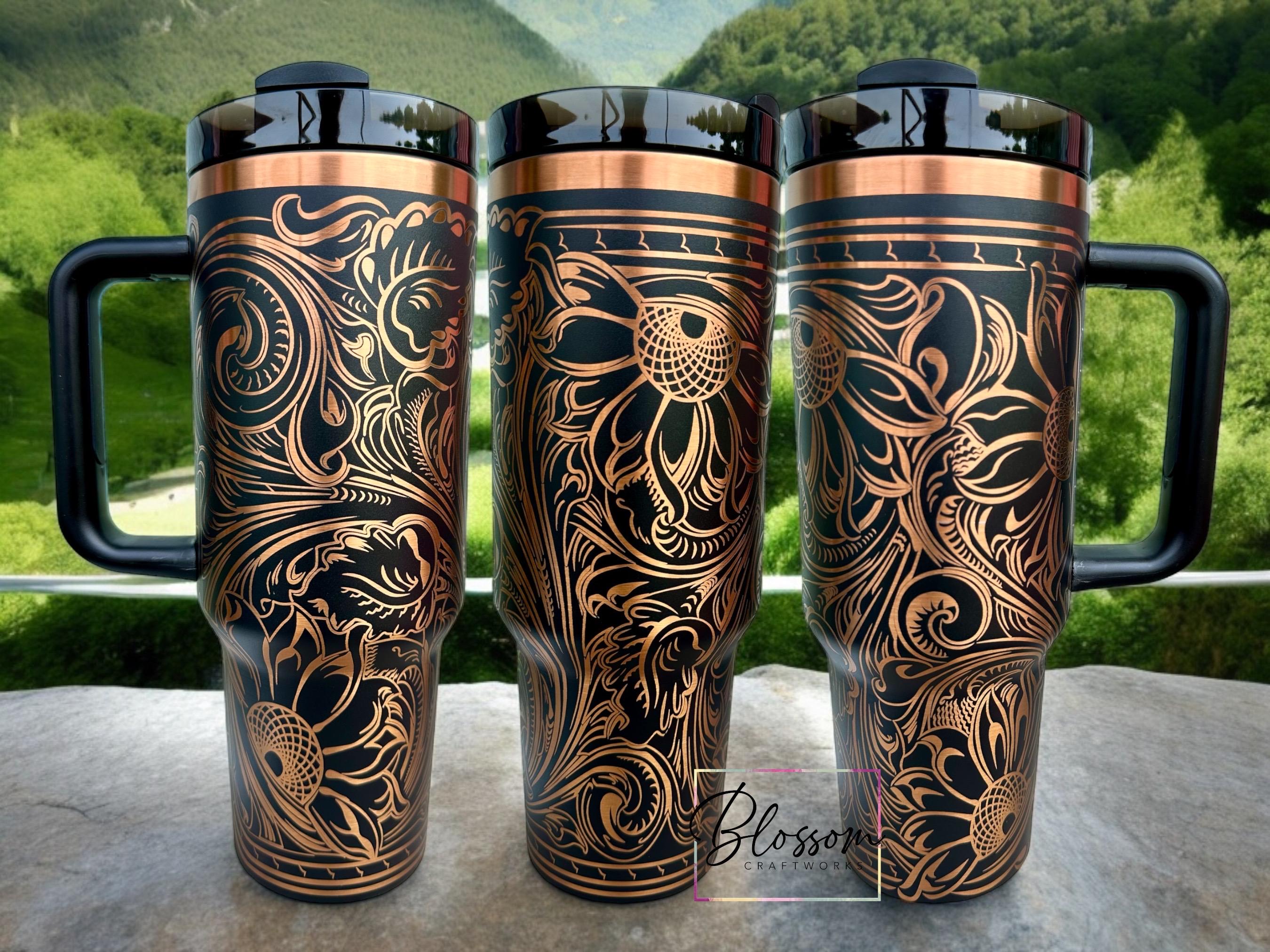 Tooled Leather Western Floral Engraved Tumbler - Etsy