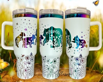 40oz Laser Engraved Mama Bear, Mothers Day Gift,  Tumbler With Handle, Lid, & Straw