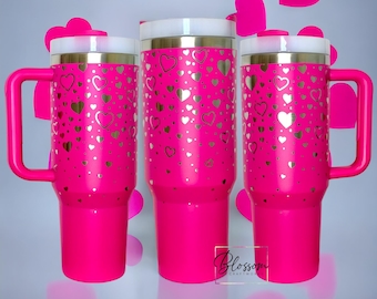 40oz Laser Engraved Valentine hearts Tumbler With Handle, Lid, & Straw