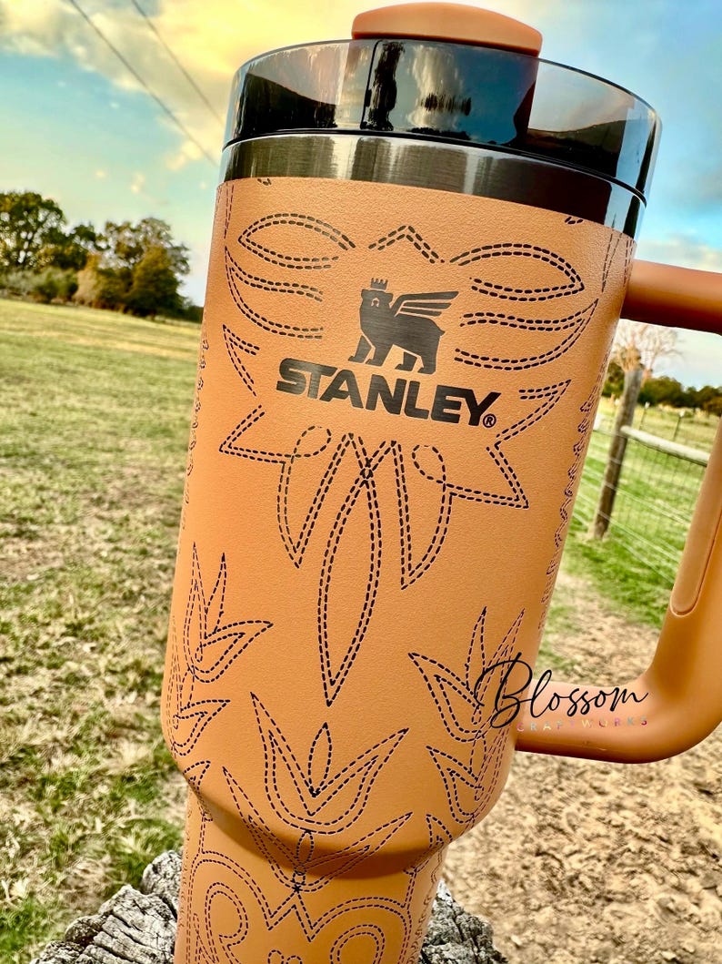 40oz Laser Engraved Leather Tooled Boot Pattern Western Tumbler With