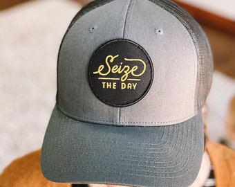 Seize the Day Trucker Hat, Carpe Diem Embroidered Hat, Snap Back Baseball Hat, Inspiration, Motivation, Mental Health, Self Care, Hustle