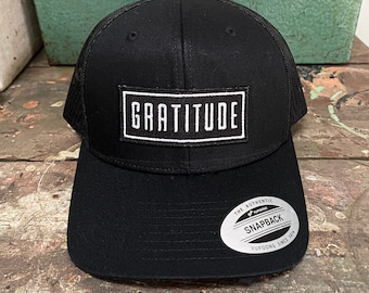 Gratitude Trucker Hat, Mindfulness Embroidered Hat, Snap Back Baseball Hat, Meditation, Yoga Gift, Mental Health, Self Care, Grateful