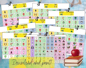 Peut inclure: Plusieurs tableaux de communication pour l'école, avec des illustrations colorées et des étiquettes textuelles. Les tableaux couvrent des sujets tels que les jouets, les actions et les sentiments. Une pomme rouge, un crayon et des livres sont au premier plan. Le texte "Download and print!" est visible.