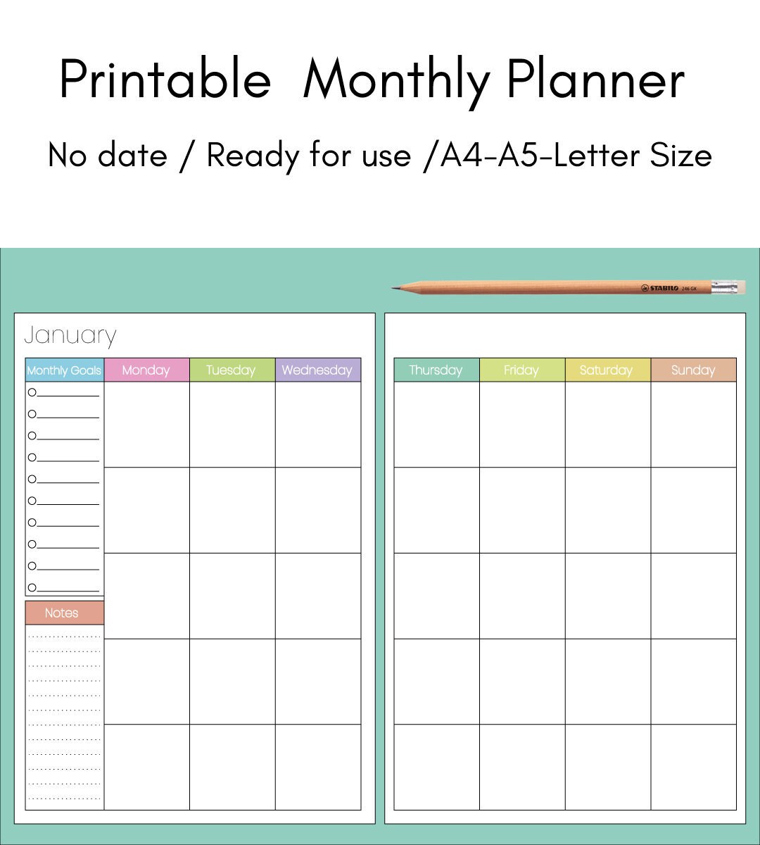 Printable Monthly Planner, Printable Planner Insert, Month on 2 Pages, No Date Planner ,no Date ...