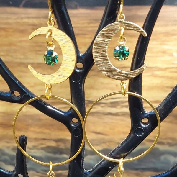 Emerald moon earrings, Swarovski, crescent moon celestial earrings boho earrings May birthstone sun and moon witchy earrings gypsy earrings