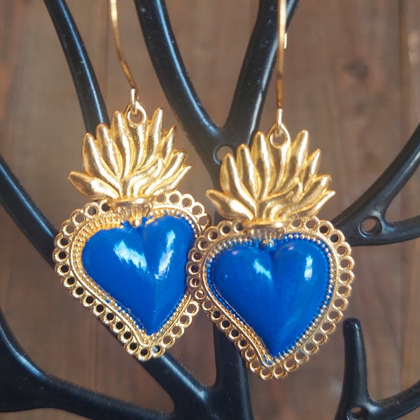 Blue Sacred Heart earrings, Milagros, Exvotos, Boho earrings, Frida Kahlo Inspired, Gypsy earrings, Flaming hearts, Religious earrings