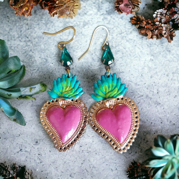 Pink Sacred Heart earrings, Milagros Boho earrings, Frida Kahlo Inspired Gypsy earrings Flaming hearts Mexican earrings Religious earrings