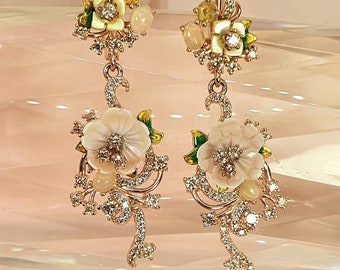 Opal, Sapphire & Mother of Pearl Flower Earrings 14K Rose Gold Plate 925 Sterling Silver