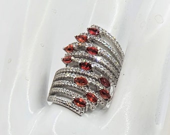 SALE Sterling Silver Ruby Diamond Cluster Ring Band Huge Statement Vintage Solid 925 Size U 10.25