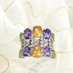 Citrine, Amethyst & Peridot Ring 14K White Gold Plate 925 Sterling Silver