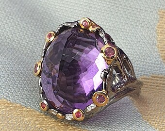 Amethyst & Ruby Ring 2-tone Yellow Gold and Black Rhodium Plate 925 Sterling Silver