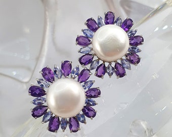 Pearl, Amethyst & Tanzanite Earrings White Gold Plate 925 Sterling Silver