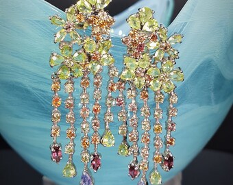 Peridot, Rhodolite Garnet, Sapphire & Tanzanite Earrings 14K White Gold Plate 925 Sterling Silver