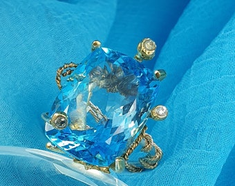 Blue Topaz & Green Sapphire Ring 2-Tone 14K White and Yellow Gold Plate 925 Sterling Silver